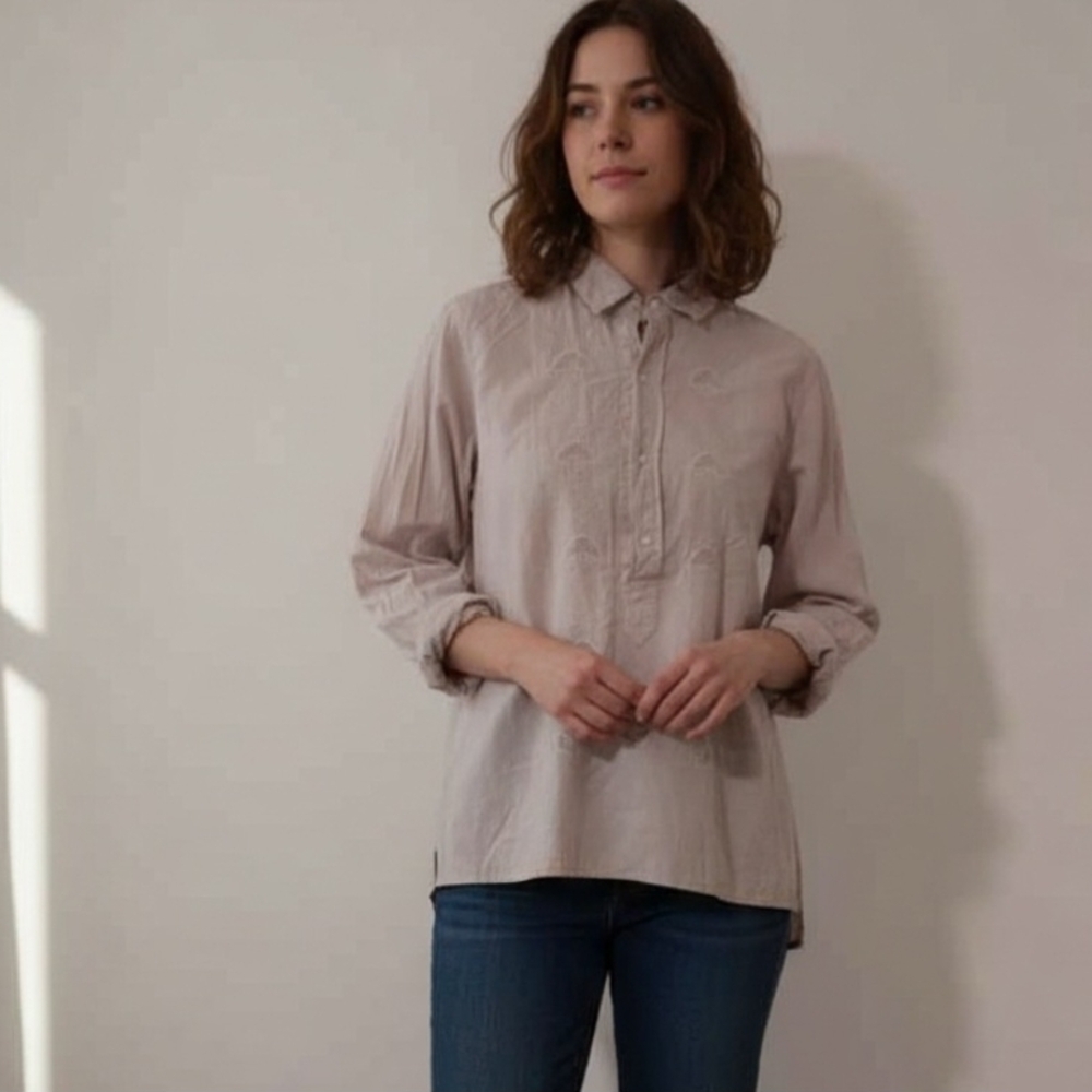 Da-Nang Cream Embroidered Boho Cottagecore Button-Down Blouse XS